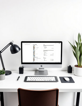 workplace with computer, keyboard, mouse, notebook, lamp and plantの写真素材