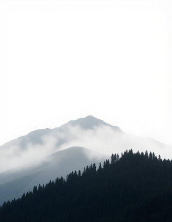 Silhouette of coniferous forest against the background of mountains.の写真素材
