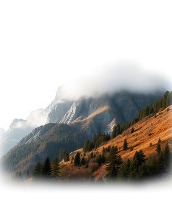 Mountain landscape with fog in the foreground and trees in the backgroundの写真素材