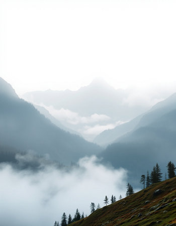 Foggy morning in the mountains. Caucasus, Dombayの写真素材