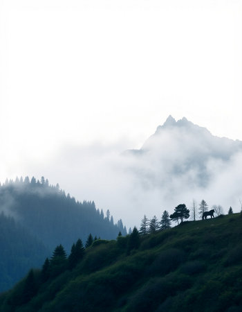 Mountain landscape with coniferous forest and fog in the morningの写真素材