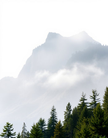 Foggy mountain landscape with coniferous forest on the slopeの写真素材