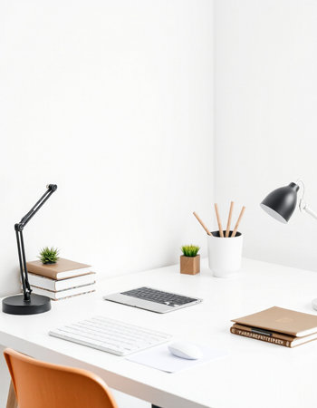 workplace with laptop, books and stationery on white wall backgroundの写真素材