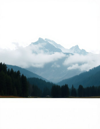 Mountain landscape with lake, forest and snow-capped peaksの写真素材