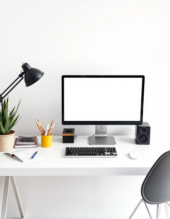 Modern workspace with blank screen computer, stationery and decorations. Mock up, 3D Renderingの写真素材