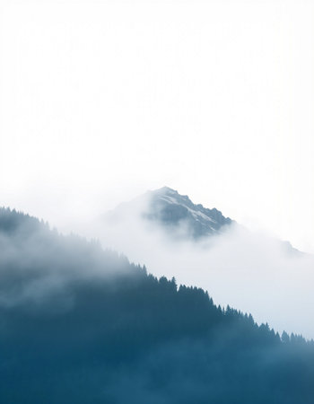 mountain landscape with fog in the morning, closeup of photoの写真素材