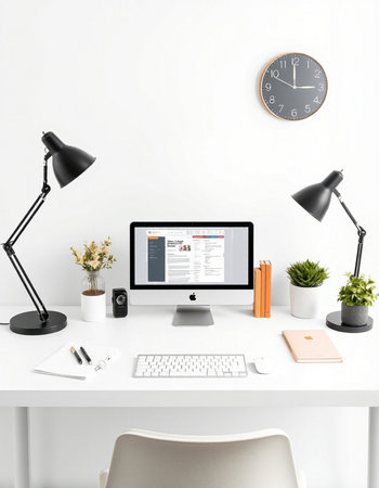 workplace with computer, lamp and stationery in modern office interiorの写真素材