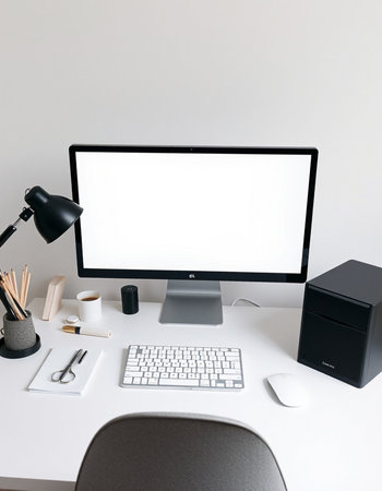 Minimalistic workspace with blank computer screen, keyboard, stationery and coffee cup on white tableの写真素材