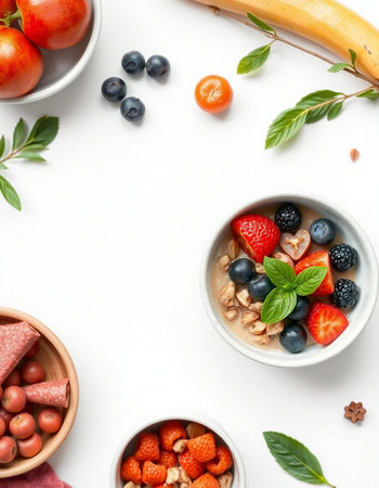 Healthy breakfast. Oatmeal with berries and nuts on white backgroundの写真素材