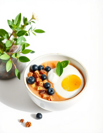 Breakfast with omelet, blueberries and berriesの写真素材