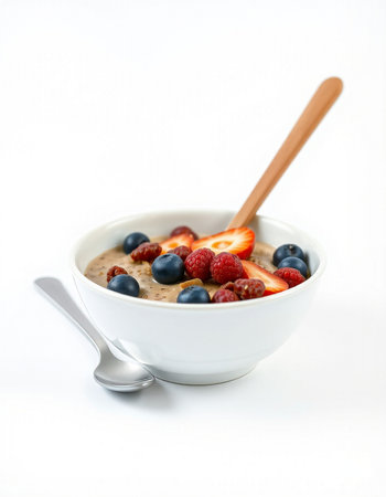 bowl of oat porridge with fresh berries and spoon on white backgroundの写真素材
