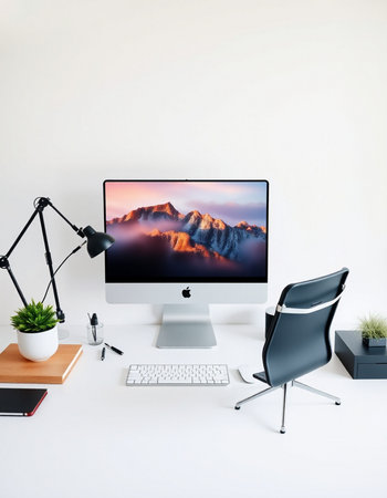 Minimalistic workplace with computer and other items.の写真素材