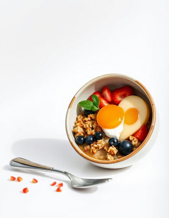 Breakfast bowl with oatmeal, berries and egg on white backgroundの写真素材