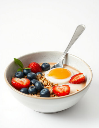 bowl of oatmeal with strawberry and blueberry on white backgroundの写真素材