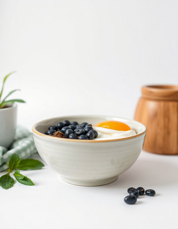 Healthy breakfast with yogurt and blueberries on a white background.の写真素材