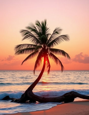 Palm tree on the beach at beautiful sunset. Tropical landscape.の写真素材