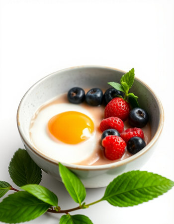 Breakfast with yoghurt, berries and egg on white backgroundの写真素材