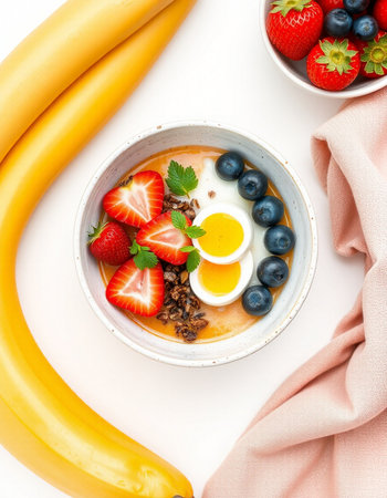 Breakfast bowl with oatmeal, yogurt, berries and fruits on white backgroundの写真素材