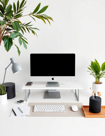 Minimalistic workplace with computer, keyboard, mouse, stationery and green plants on white wall backgroundの写真素材