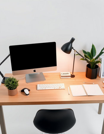 workplace with computer, keyboard, stationery and plant on tableの写真素材