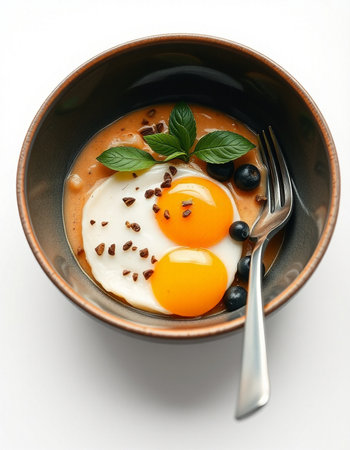 Eggs with yoghurt and berries in bowl on white backgroundの写真素材
