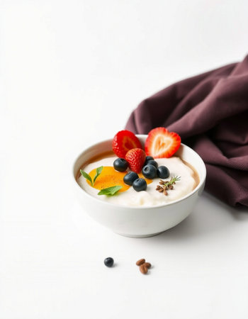 Bowl with tasty yogurt and berries on white table, closeupの写真素材