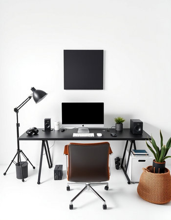 Modern home office interior. Workplace with computer. Mock up. 3d renderの写真素材