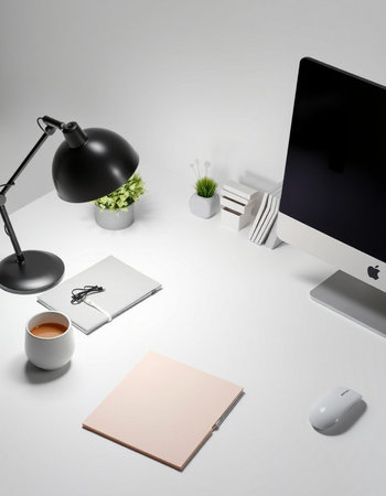 White office desk with computer, supplies and coffee cup. 3d renderの写真素材