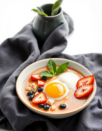 Tomato soup with egg, berries and mint on a white backgroundの写真素材