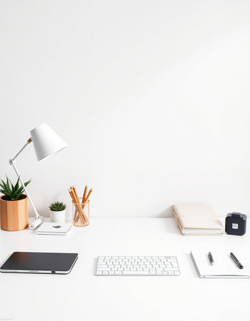 White office desk with laptop, tablet, stationery and coffee cupの写真素材