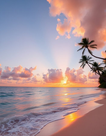 Tropical beach at sunset with palm trees and sunbeamsの写真素材