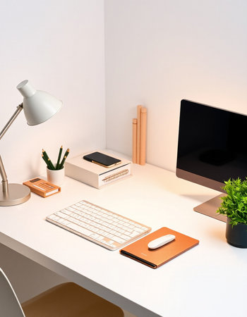 workplace with computer, mouse, keyboard and stationery. 3d renderの写真素材