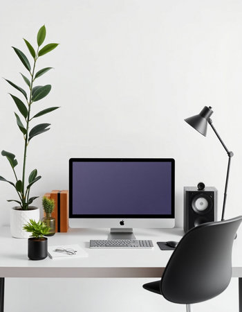 Modern workplace with computer, lamp and plant on table. Mock upの写真素材