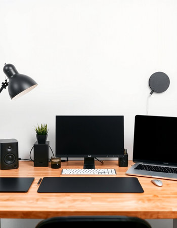 Workplace with computer, mouse, keyboard, mouse and lamp.の写真素材