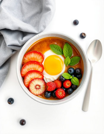 Porridge with strawberries, blueberries and egg in a bowlの写真素材