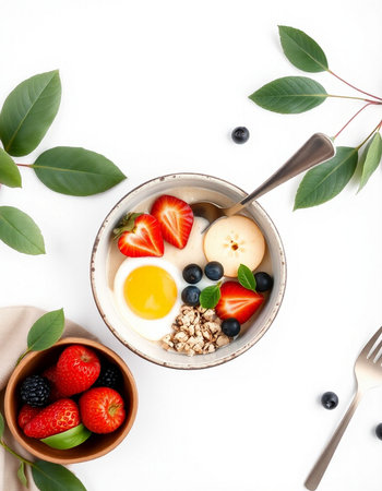 Healthy breakfast with oatmeal, berries and egg on a white backgroundの写真素材