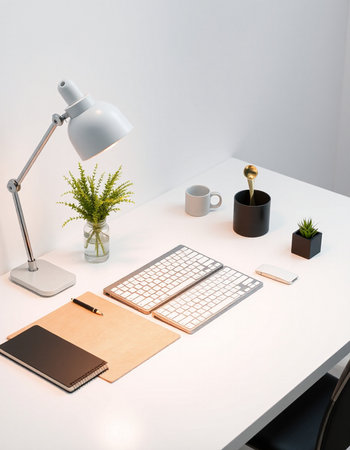 Minimalistic workplace with keyboard, coffee cup, notebook and other items on white tableの写真素材