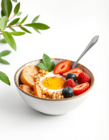 Bowl of oatmeal with fresh berries and fried egg on white backgroundの写真素材