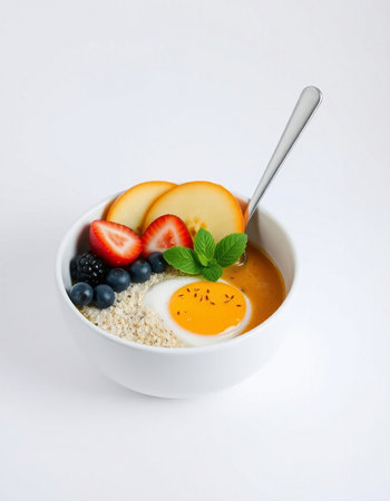 Healthy breakfast bowl with oatmeal, berries and egg on white backgroundの写真素材