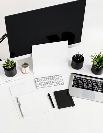 Workplace with computer and stationery on white background, top viewの写真素材