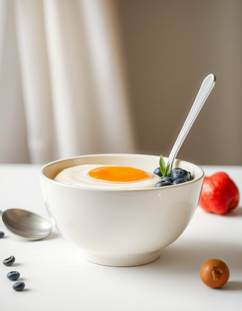 bowl of yogurt with blueberries on white backgroundの写真素材