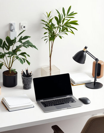 Modern workspace with laptop, stationery and houseplant on white tableの写真素材