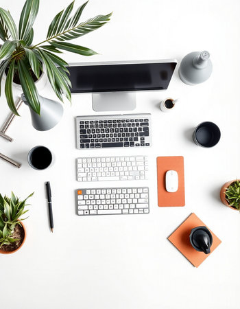 Top view of modern workplace with computer, supplies and plants on white backgroundの写真素材
