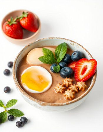 Bowl of porridge with fresh berries and egg on white backgroundの写真素材