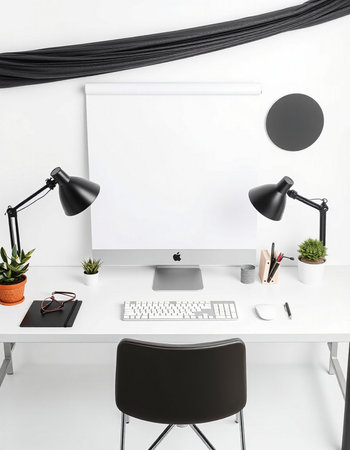 workplace with computer, lamp and office supplies. 3d renderingの写真素材