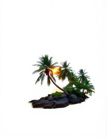 tropical island with coconut palm tree and sun on white background.の写真素材