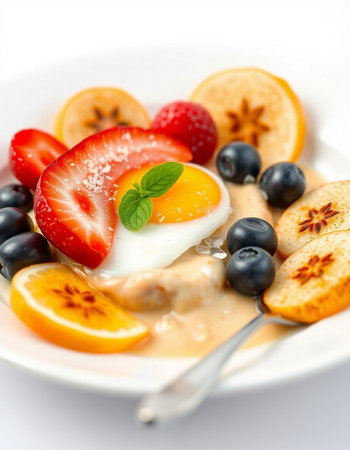 Healthy breakfast with oatmeal, eggs, berries and fruit.の写真素材