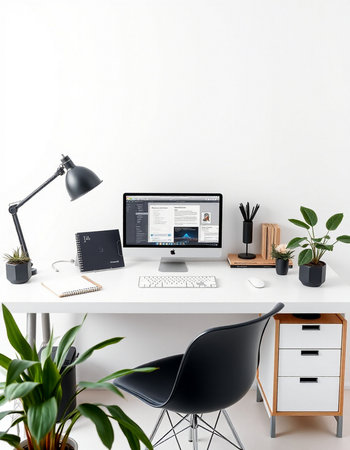 workplace with computer, stationery and coffee cup in modern officeの写真素材