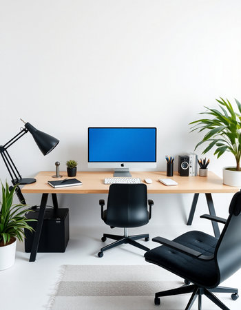 Modern workspace with computer, lamp and plants. 3d render.の写真素材