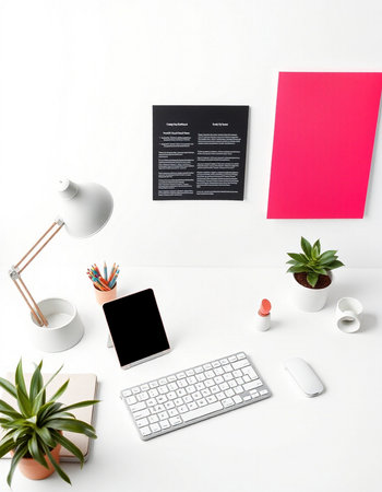 Flat lay, top view office desk with keyboard, mouse, stationery and copy space on white backgroundの写真素材